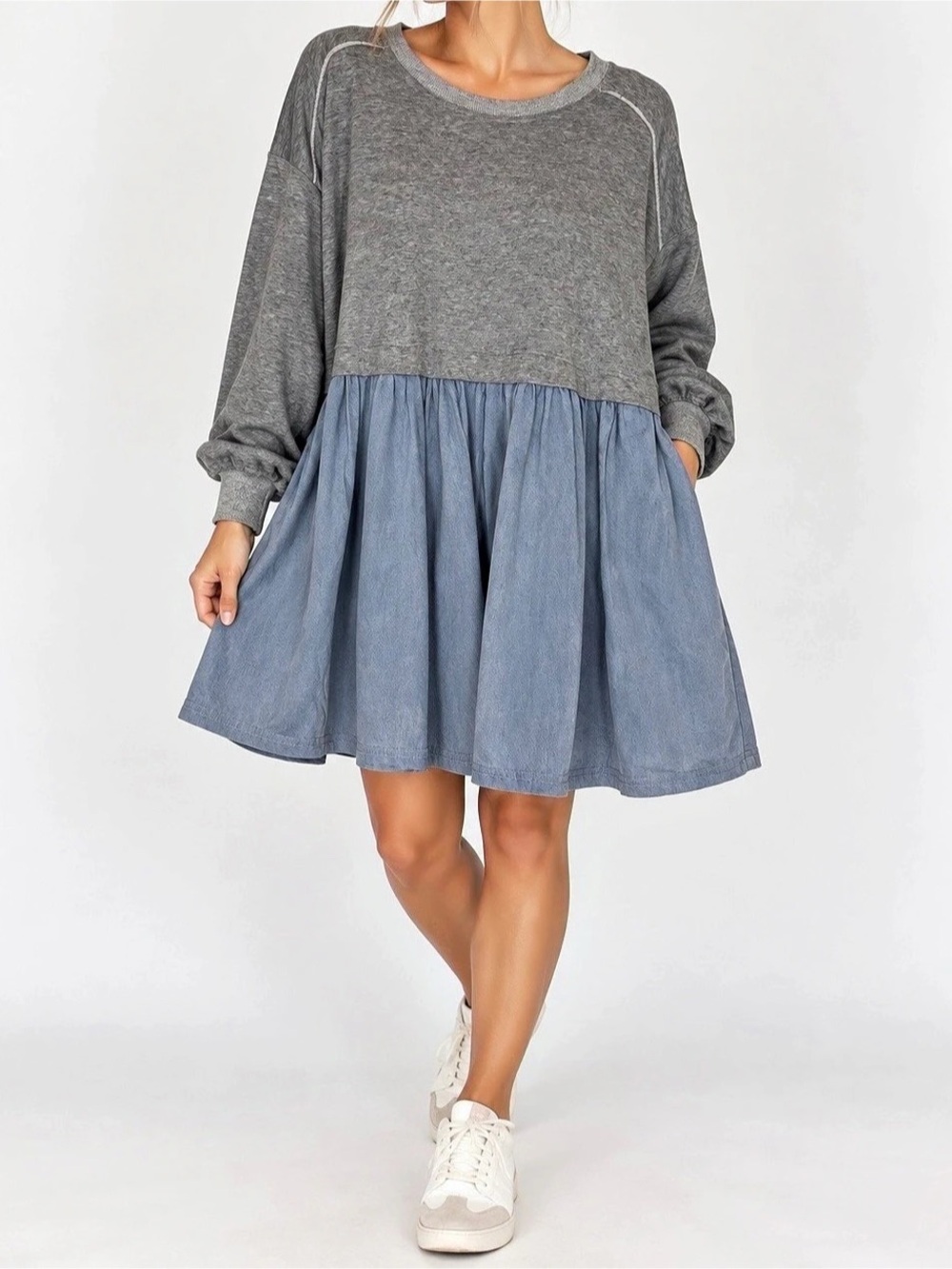 Bibi Two-Tone Gray and Chambray Long Sleeve Mini Dress - Size S
